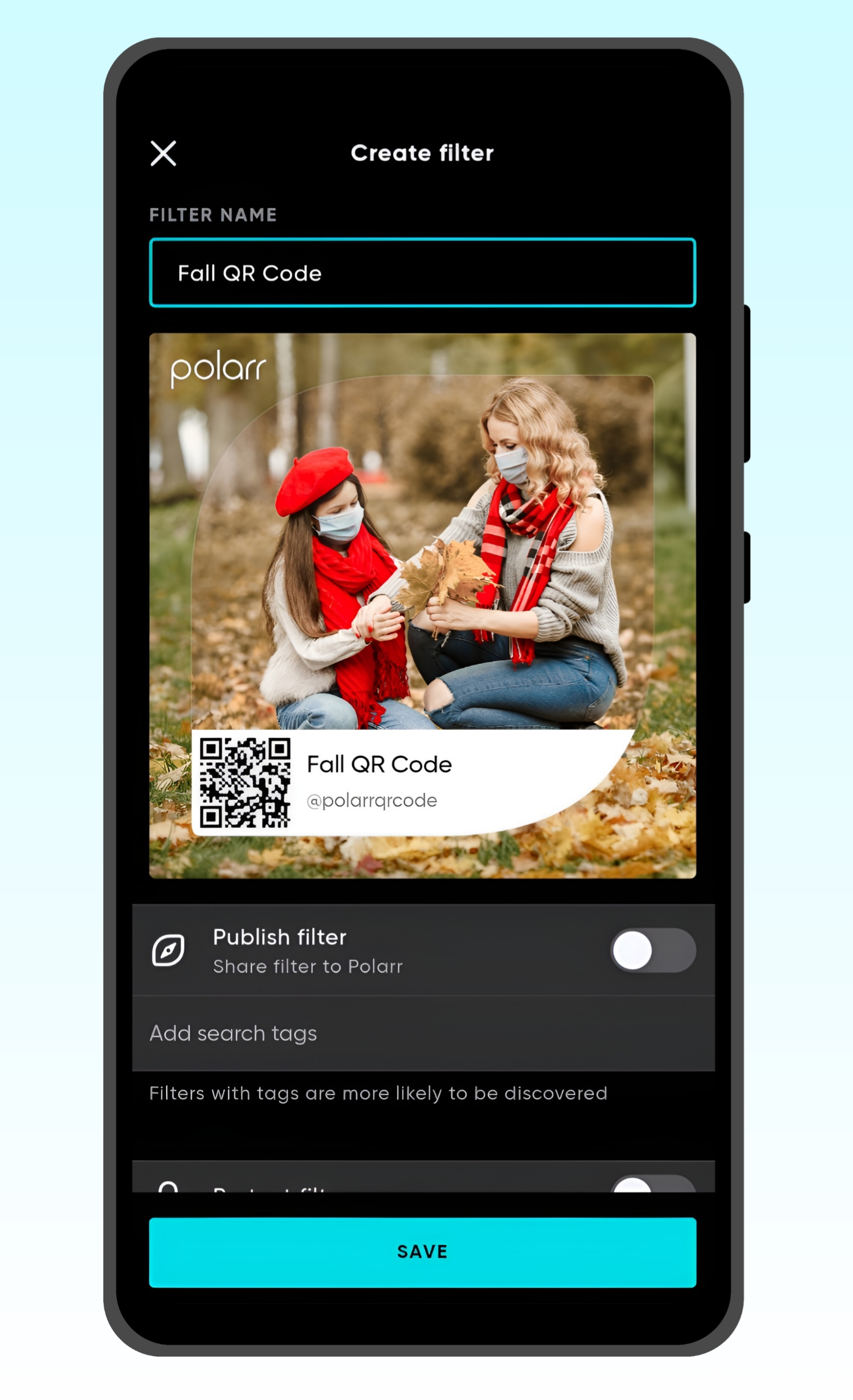 Export & Save Filter QR Code Screenshot